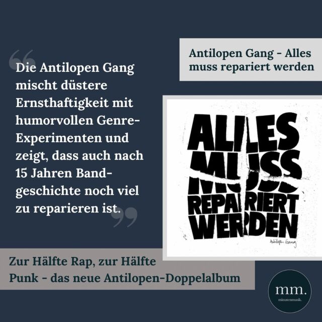 Auf „Alles muss repariert werden“ überrascht die Antilopen Gang ( @antilopengang ) mit einem gewagten Spagat zwischen Rap und Punkrock. Ob die Gang den Genre-Mix zu einem gelungenen Doppelalbum vereinen konnte, lest ihr in unserer Rezension. Link in Bio!  #antilopengang #allesmussrepariertwerden #antilopengeldwäsche #amrw #rap #hiphop #punkrock  📸: Antilopen Geldwäsche / @antilopengeldwaesche